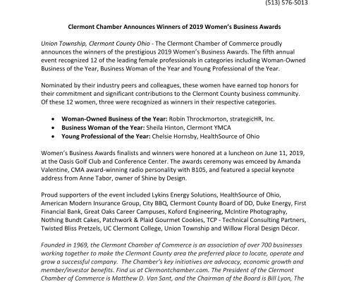 Press Release announcing Robin Throckmorton, president of strategic HR inc,, is winner of Woman Owned Business of the Year - Awarded by Clermont Chamber of Commerce 2019